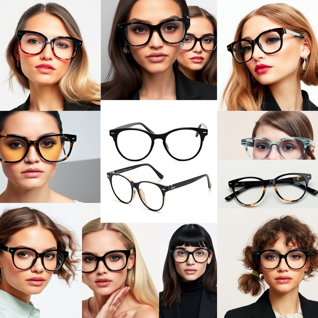 A collage-style image showcasing a diverse range of stylish eyewear frames, each representing a different personality or fashion trend. The background should be clean and modern, highlighting the frames. Style: fashion editorial photography.